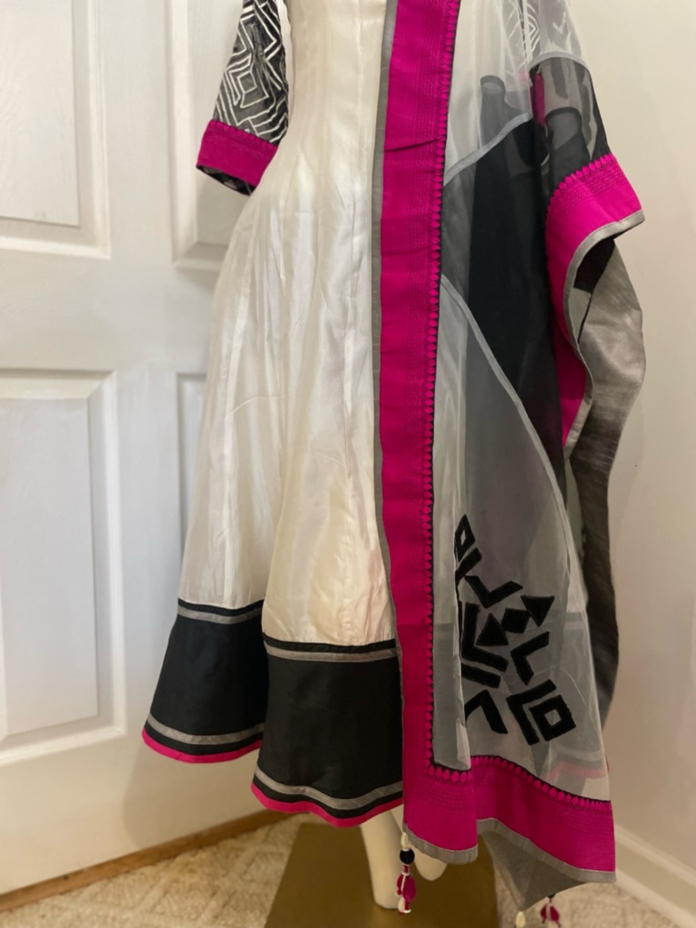 Ivory Anarkali with Hot Pink & Black Trim